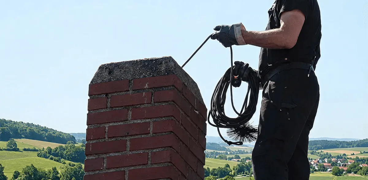 Chimney sweep inspecting and cleaning a rooftop chimney in Orange, CA